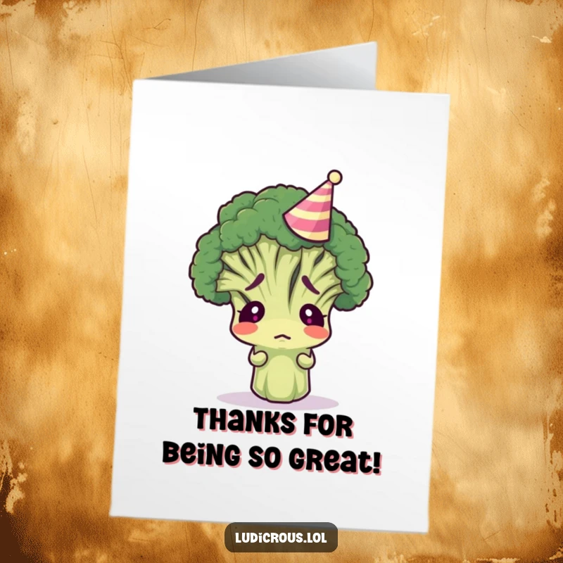 Funny Free Printable Thank You Card: Bewildered broccoli floret in a party hat, giving thanks in its own way.