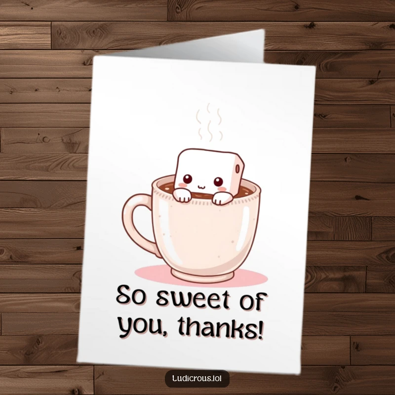 Funny Free Printable Thank You Card: A shy marshmallow seeks comfort in a steaming mug of hot chocolate, conveying heartfelt thanks.