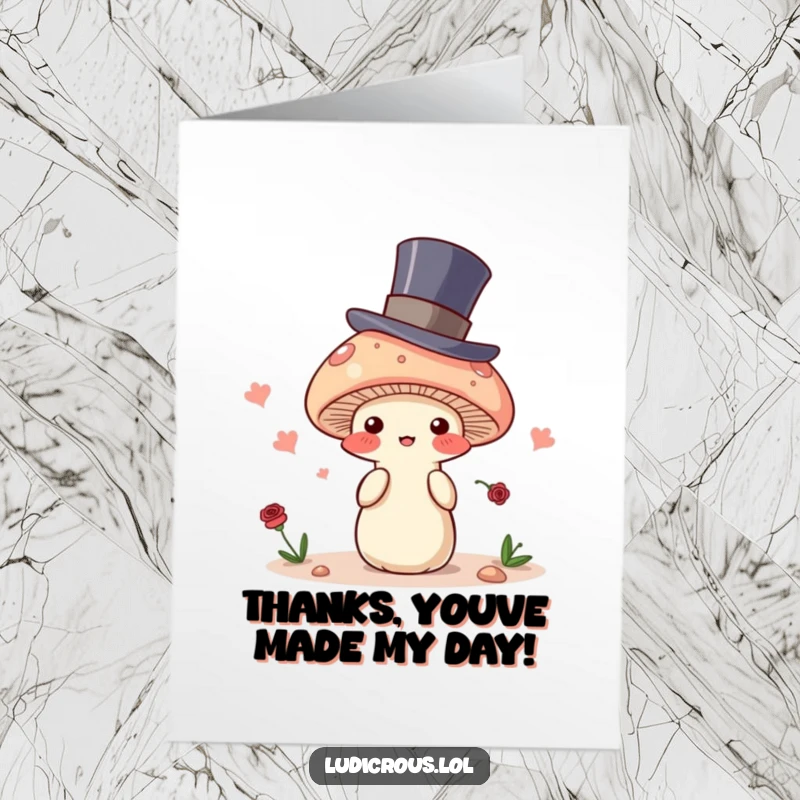 Funny Free Printable thank you card of a blushing mushroom wearing a top hat, looking flustered as it tries to perform a magic disappearance.