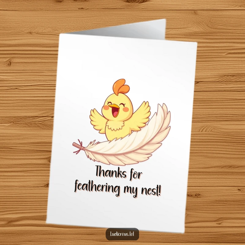 Funny Free Printable Thank You Card: Joyful rubber chicken soaring on a giant feather to express gratitude.
