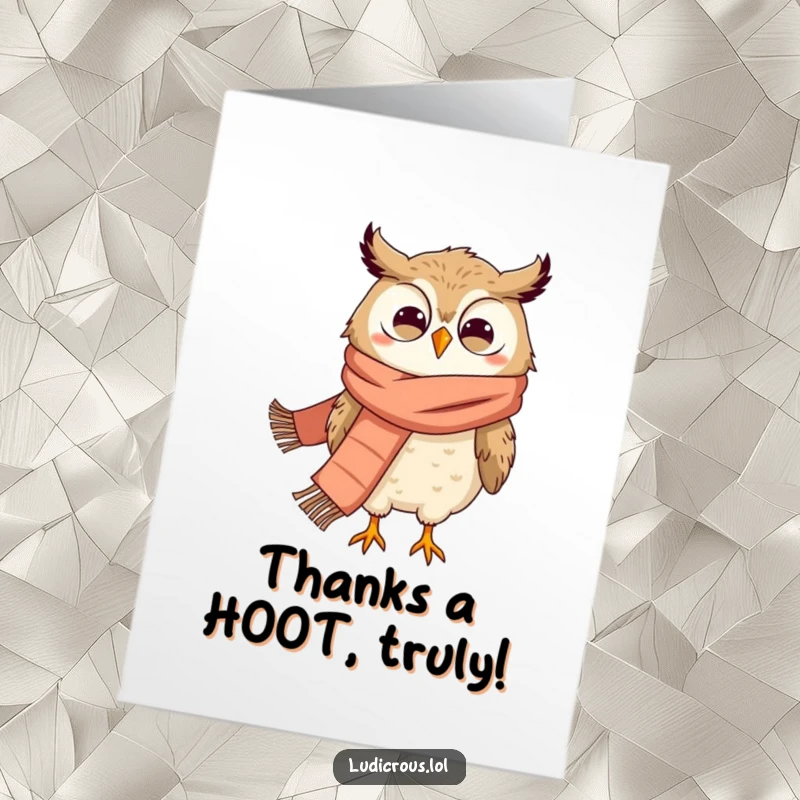 Funny Free Printable Thank You Card: A grinning owl in a big scarf, being blown by the wind, perfect DIY greeting.