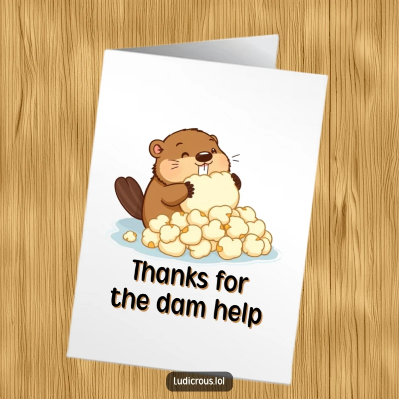 Funny Free Printable Thank You Card: A beaver diligently builds a dam out of large popcorn kernels.