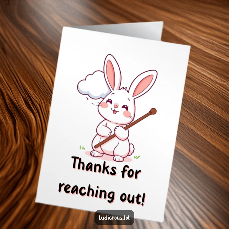 Funny Free Printable Thank You Card: Rabbit with a long pole reaching for a cloud, expressing thanks humorously.