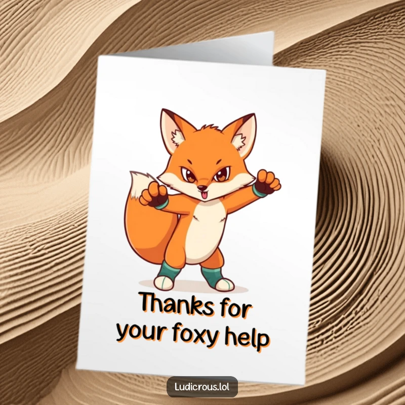 Funny Free Printable Thank You Card: A determined fox strikes a dramatic pose in mismatched socks, conveying deep appreciation with style.