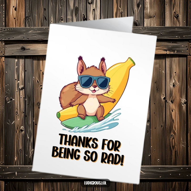 Funny Free Printable Thank You Card: Squirrel catches a wave on a banana, expressing thanks.