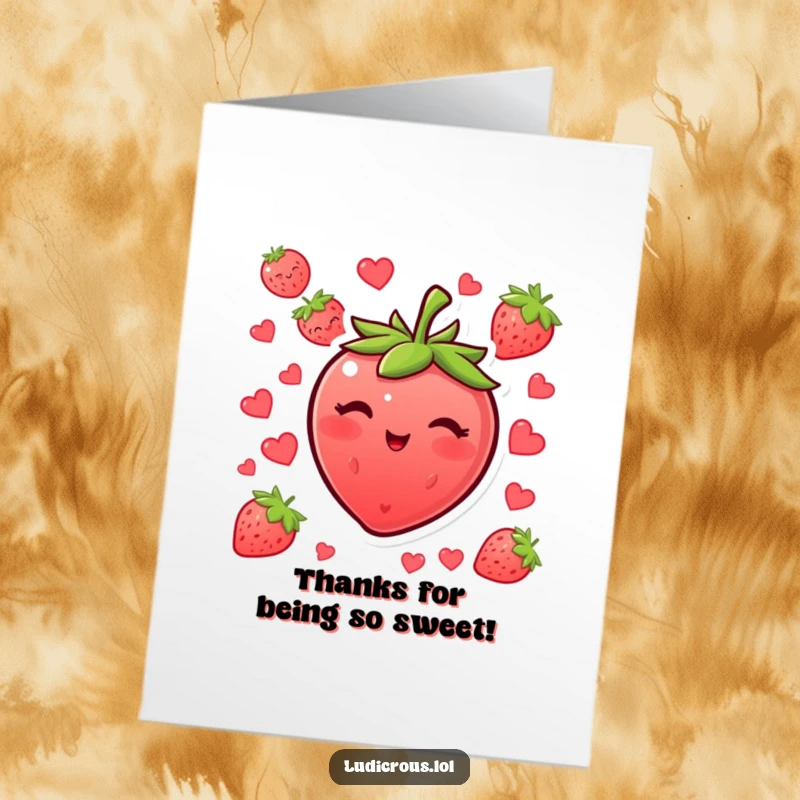 Funny Free Printable Thank You Card: A slightly embarrassed strawberry winks, seeds showing, conveying thanks with a touch of humor.