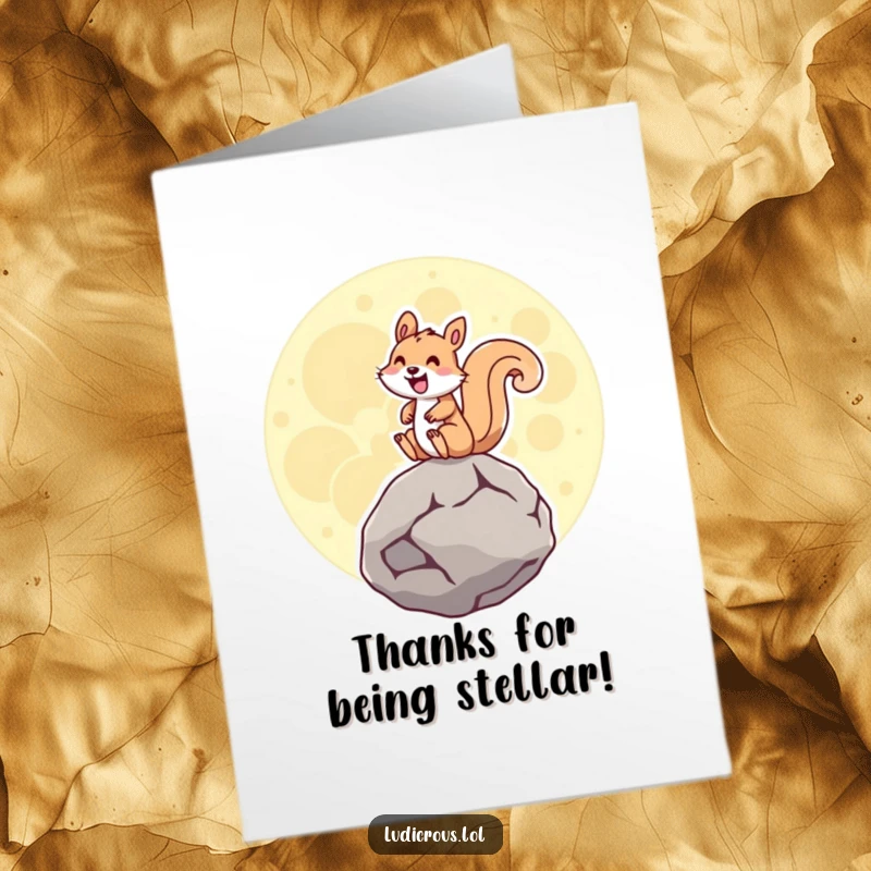 Funny Free Printable Thank You Card: Squirrel grinning while riding a moon rock, expressing sincere gratitude.