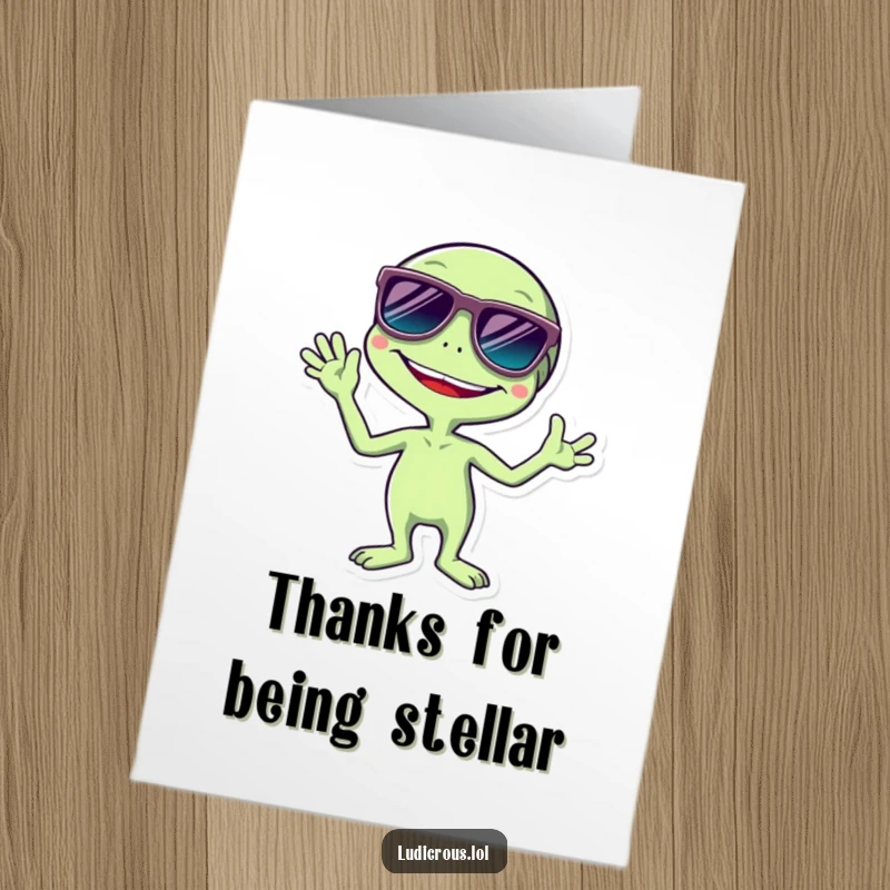 Funny Free Printable thank you card featuring a giggling alien in oversized sunglasses waving, expressing thanks.
