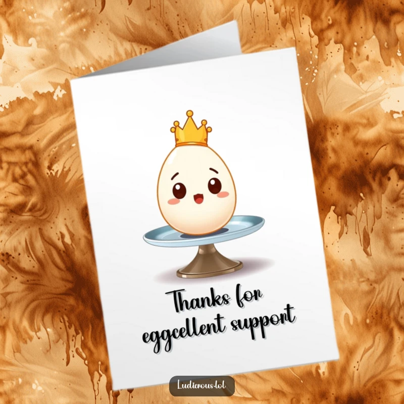 Funny Free Printable Thank You Card: A surprised egg in a tiny crown wobbles on a spinning plate, offering thanks with a twist.