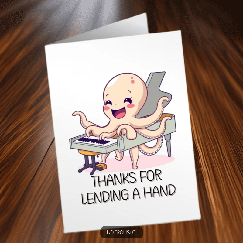 Funny Free Printable Thank You Card: Delightful octopus playing a piano with its many arms, a charming musical thank you.