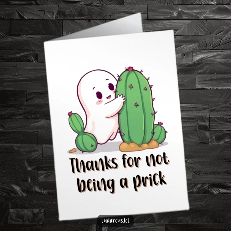 Funny Free Printable Thank You Card: Ghost gets a spiky hug from a cactus, a comical thank you. DIY gift.