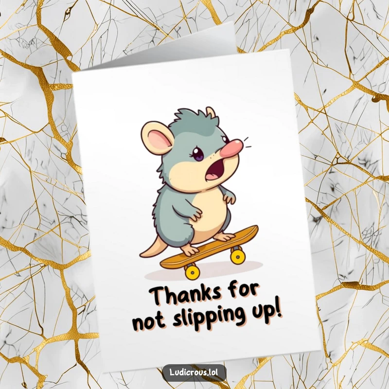 Funny free printable thank you card: A shocked platypus is skateboarding on a single banana peel.