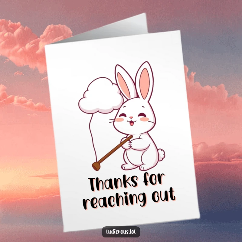 Funny Free Printable Thank You Card: A cheerful rabbit uses an exceptionally long pole to pet a cloud, offering thanks from afar.