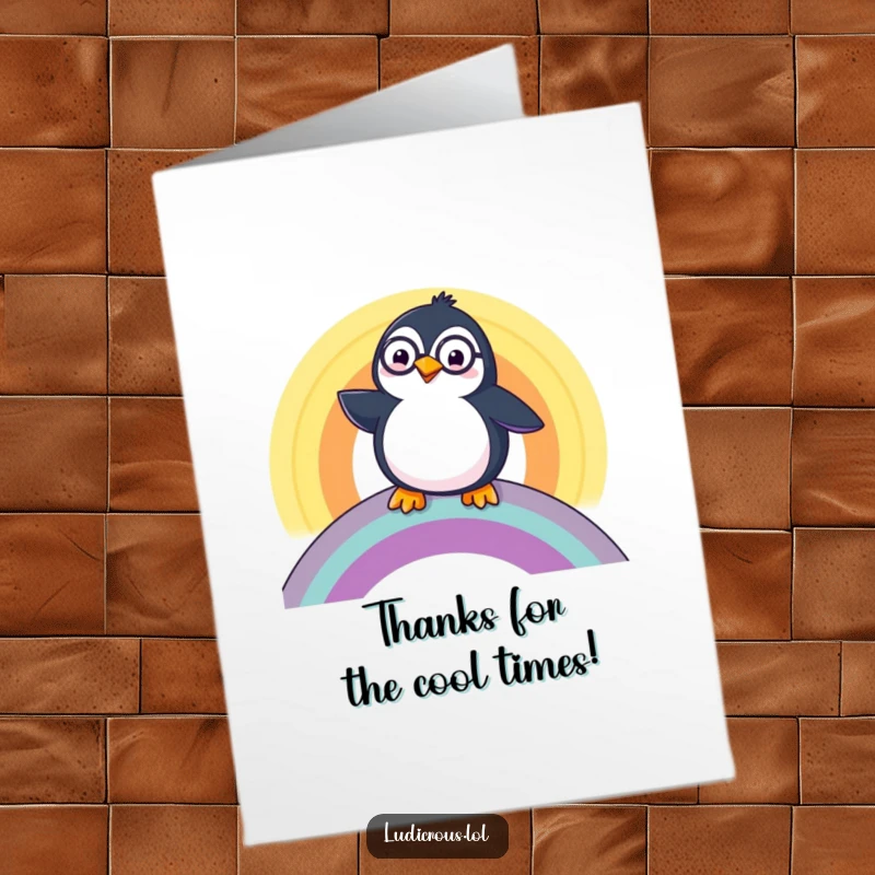 Funny Free Printable Thank You Card: A penguin wearing a monocle slides happily down a rainbow, a unique thank you.