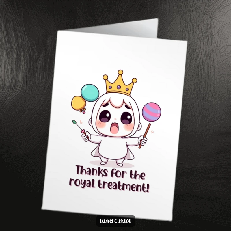 Funny Free Printable Thank You Card: A surprised character with a crown comically juggles oversized items, a creative way to say thanks.