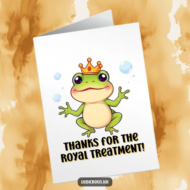 Funny Free Printable Thank You Card: Silly frog wearing a tiny crown juggles slippery soap bubbles, a bubbly thank you.