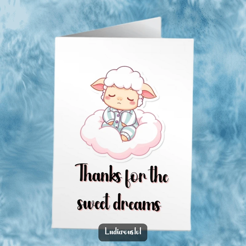 Free Printable Thank You Card: Sleepy sheep wearing pajamas rests on a soft cotton candy cloud, conveying quiet appreciation.