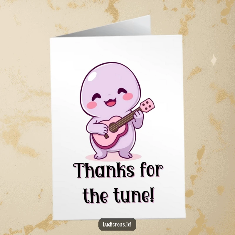 Funny Free Printable Thank You Card: A joyful slime plays a tiny ukulele badly, expressing thanks. A quirky thank you note.