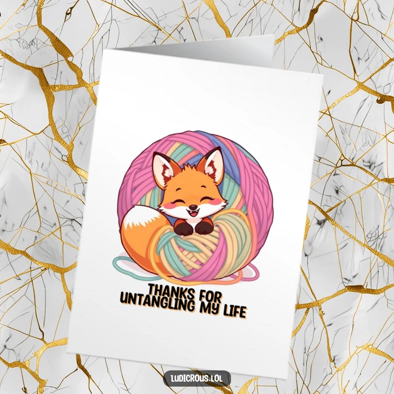 Funny Free Printable Thank You Card: A giggling fox is joyfully stuck in a massive ball of yarn.
