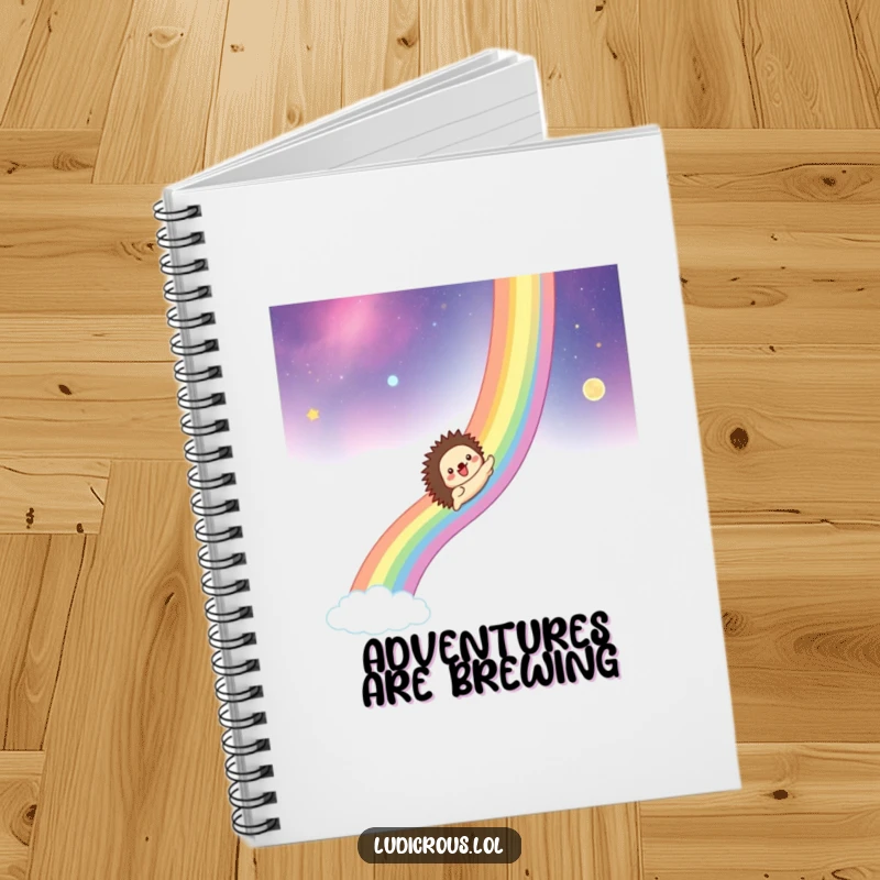 Funny notebook cover with a hedgehog gleefully sliding down a rainbow across a cosmic, star-filled background, perfect for notes.
