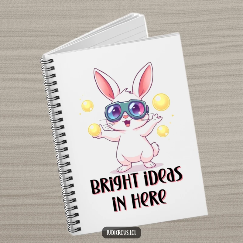 A rabbit wearing oversized goggles juggling luminous orbs on the cover of a humorous notebook.