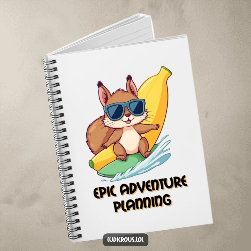 Funny squirrel wearing sunglasses surfs a giant banana on a notebook cover, representing creative and humorous note-taking.