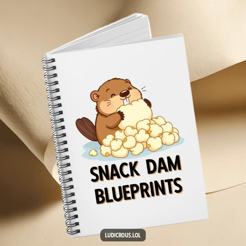 Funny notebook showcasing a determined beaver attempting to build a dam with giant popcorn, great for humorous note-taking.