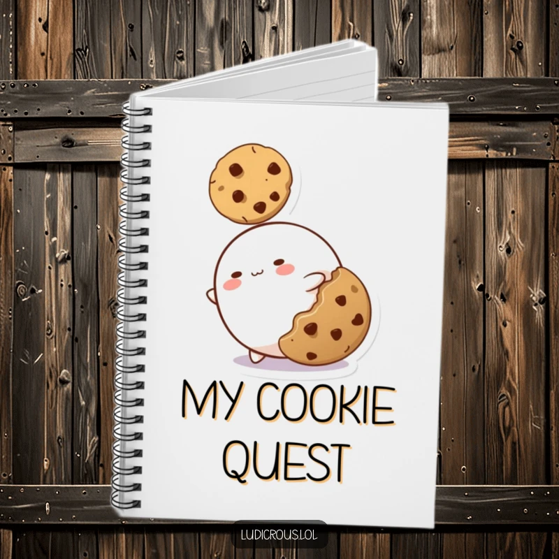 Funny notebook cover with a blob character stretching to reach a cookie, symbolizing funny ambition and note-taking.