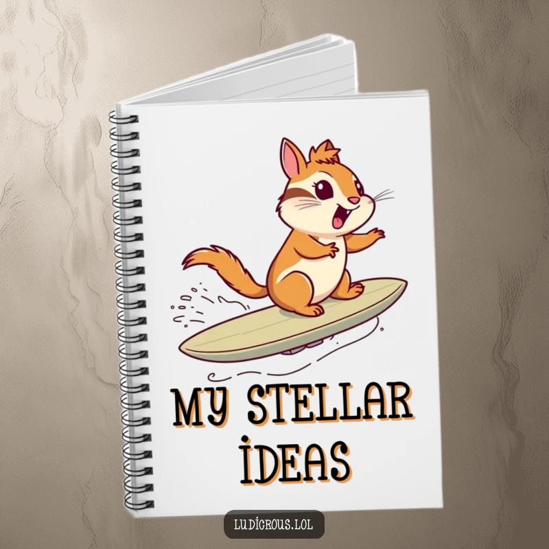 Funny notebook cover with a chipmunk exhilaratedly surfing a comet through space like a surfboard, inspiring humorous cosmic thoughts.