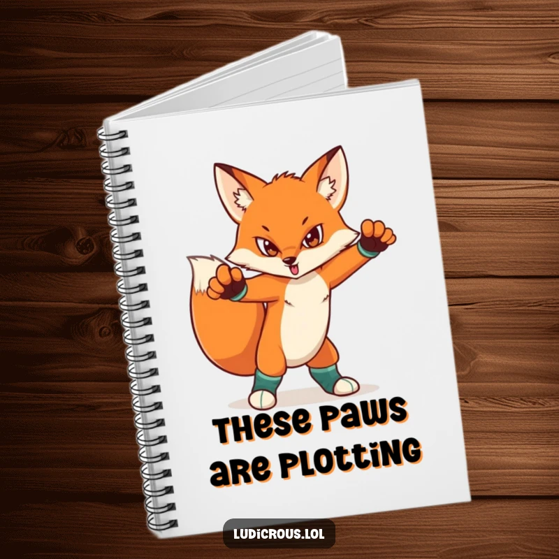 Funny notebook with a cover of a determined fox in a dramatic pose, wearing mismatched socks. Ideal for notes and creative writing.