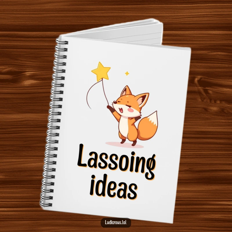 A fox enthusiastically lassoing a shooting star on the cover of a humorous and inspiring notebook.
