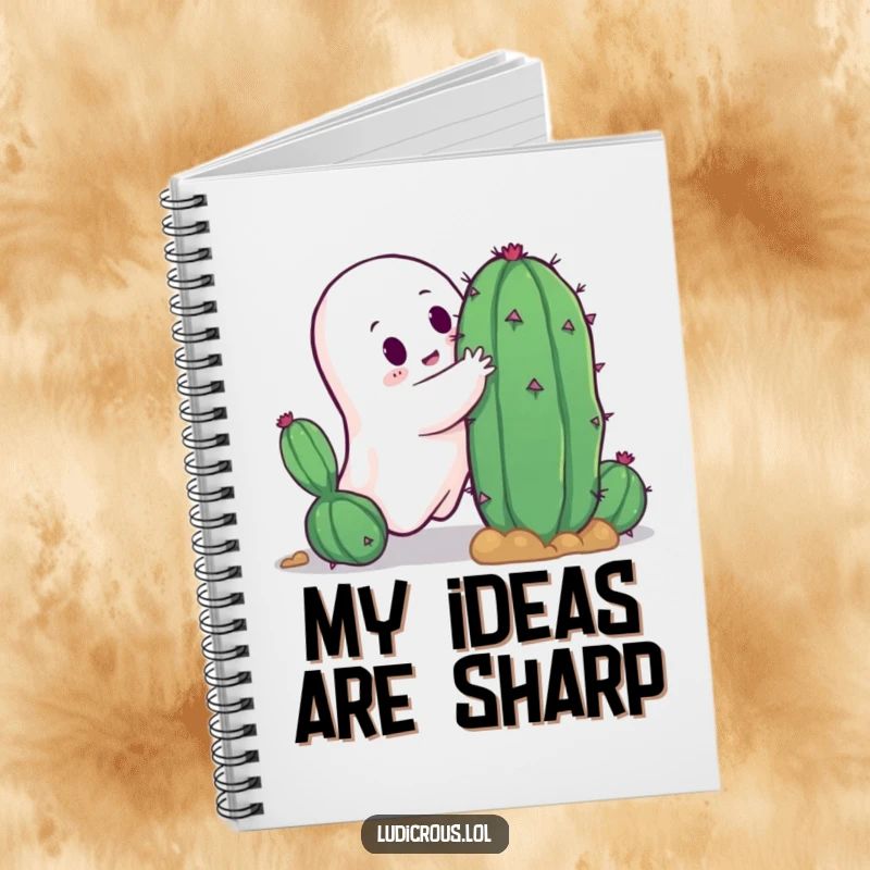 Funny ghost attempting to embrace a spiky cactus, a hilarious cover for a notebook that encourages creative and funny thoughts.
