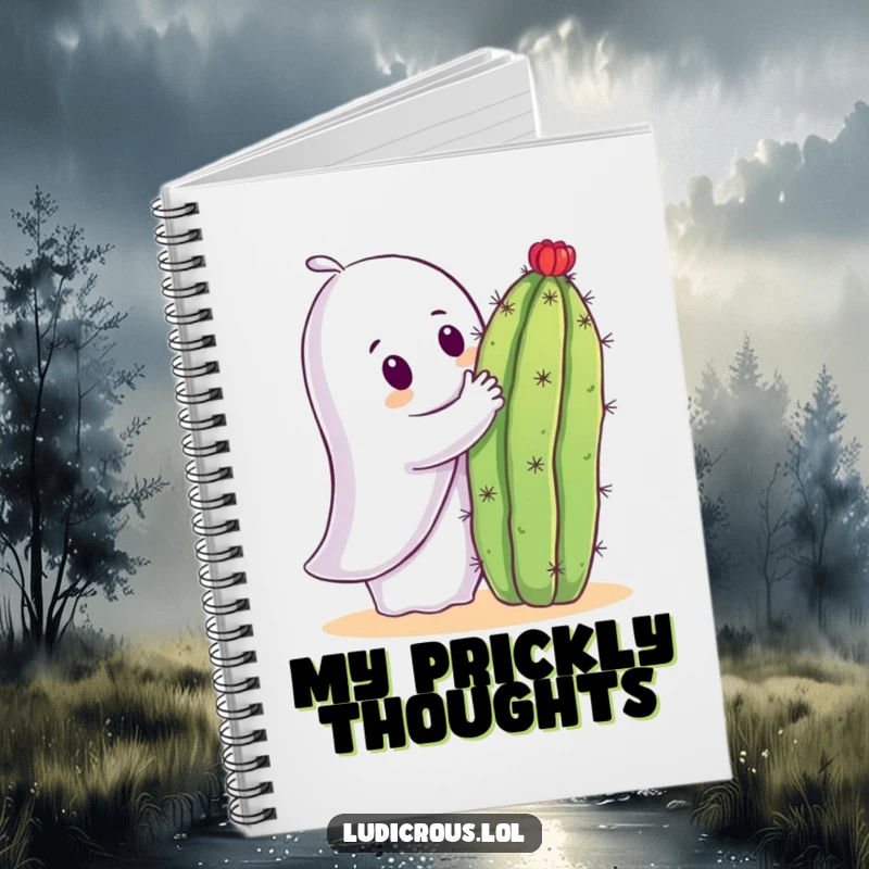 Funny notebook cover illustrating a curious ghost trying to hug a prickly cactus with a humorous, cautionary outcome.