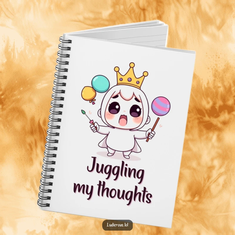 Funny notebook cover with a surprised crowned character comically juggling oversized, wobbly objects, inspiring creative writing.