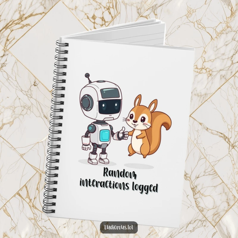 Funny Notebook with a confused robot attempting a high-five with a mischievous squirrel, great for notes and logs.