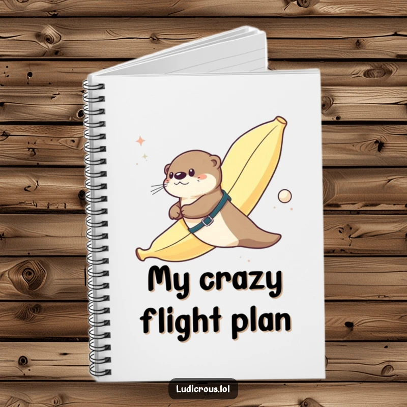 Funny notebook cover illustrating an otter strapped to a giant banana flying through space, inspiring humorous cosmic thoughts.