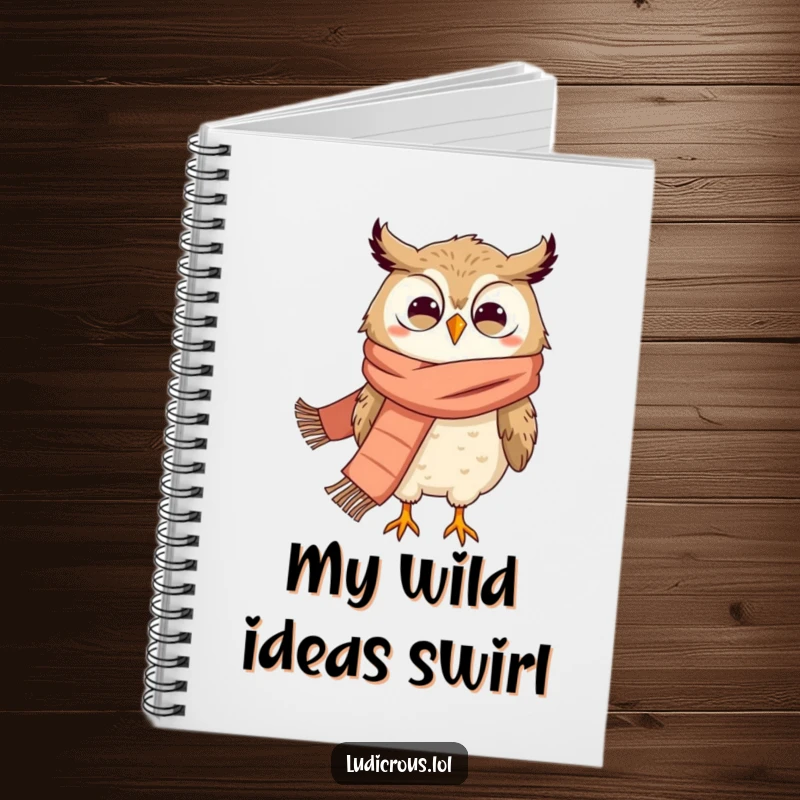 Funny notebook cover with a grinning owl wearing a giant scarf, being comically blown away by the wind.