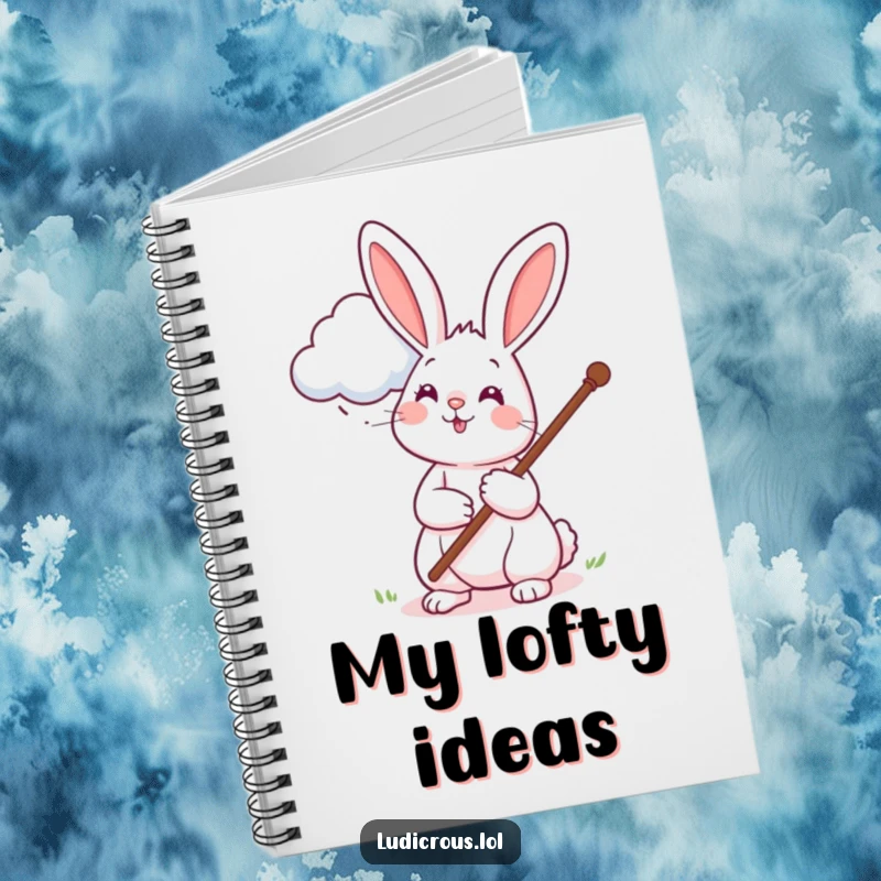 Funny notebook with a cheerful rabbit using a long pole to pet a cloud, ideal for journaling or sketching funny notions.