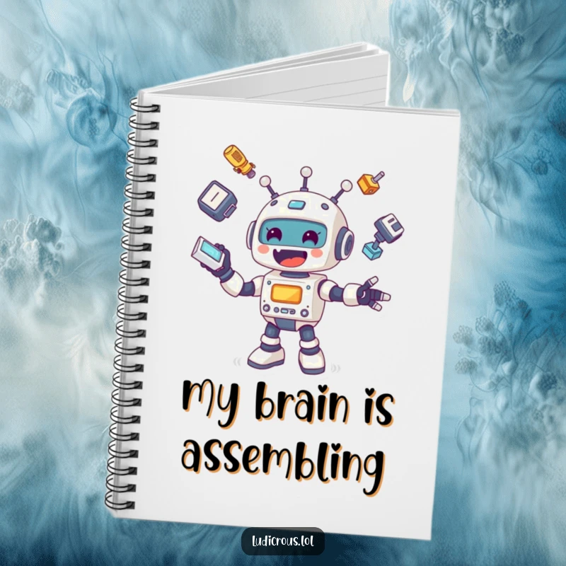 Funny notebook cover design with a cheerful robot comically juggling its own detached limbs and head, inspiring creative and humorous writing.