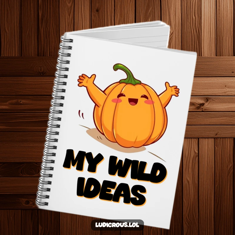 Funny plump pumpkin notebook cover, comically rolling downhill with arms windmilling wildly, inspiring creative and chaotic entries.