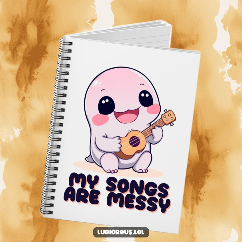 Funny, joyful slime creature playing a tiny ukulele poorly, a humorous cover for a notebook inspiring creative and funny ideas.