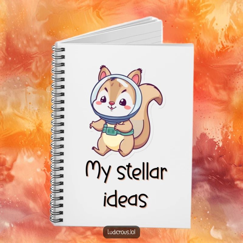Funny squirrel astronaut notebook shows a playful squirrel in a tiny helmet floating in space, ready for your notes.