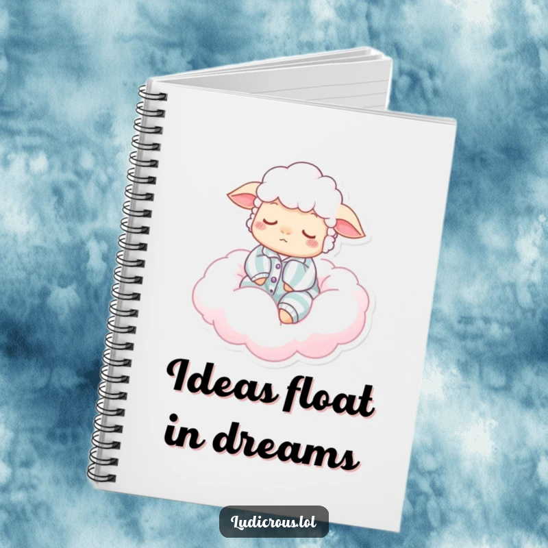 Funny notebook cover with a sleepy sheep in pajamas floating on a cotton candy cloud, perfect for capturing humorous thoughts and ideas.