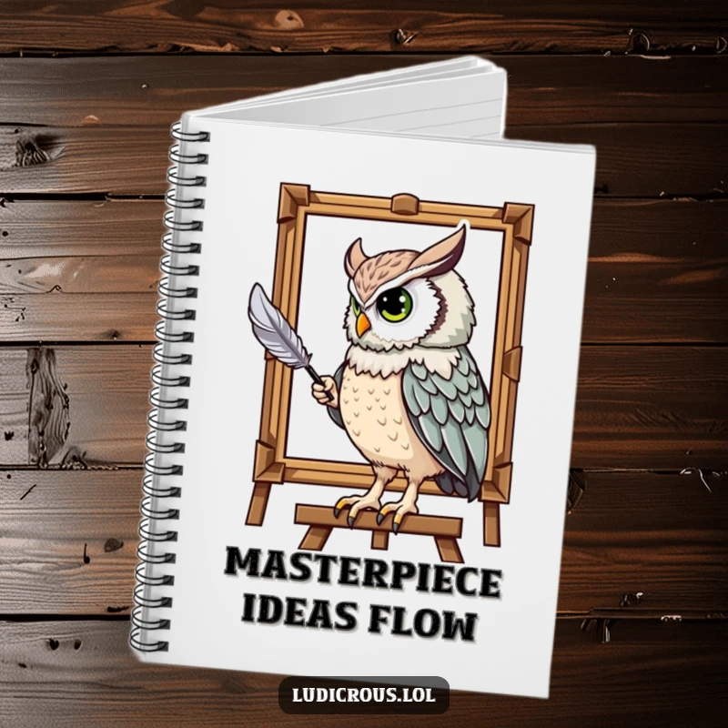 Funny notebook featuring a majestic owl humorously painting a portrait using its tail feather, ideal for humorous note-taking.