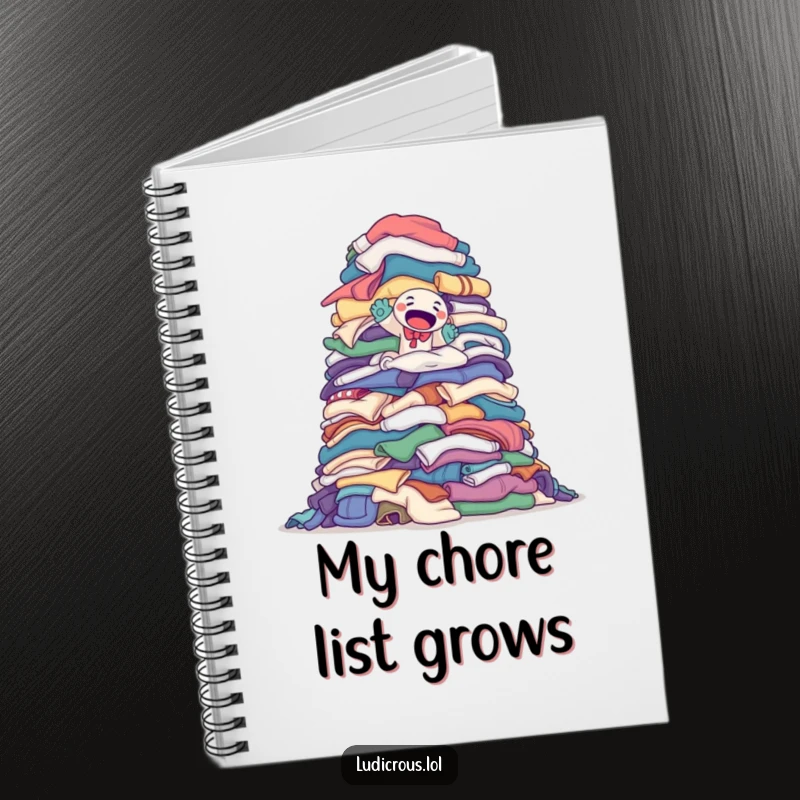 Funny notebook with a determined sock puppet attempting to climb a monumental pile of laundry, perfect for jotting down goals.