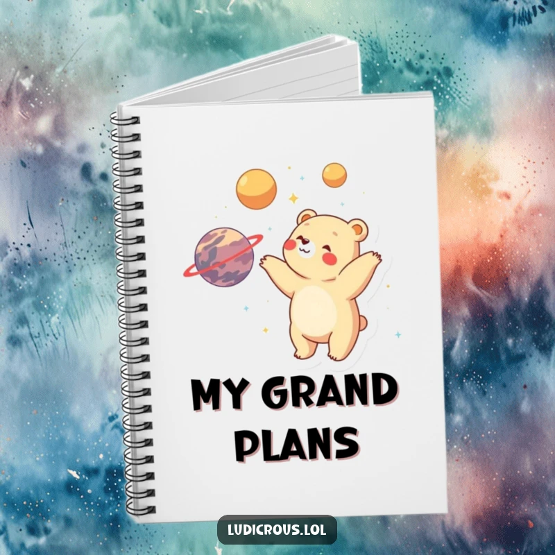 Funny bear juggling planets with visible delight and wonder, on the cover of a ruled notebook for writing.