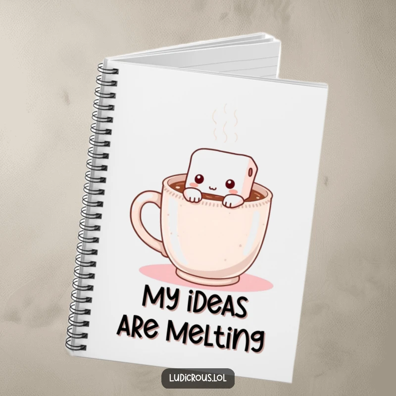 Funny notebook with a shy marshmallow hiding inside a steaming mug of hot chocolate, ideal for journaling and note-taking.