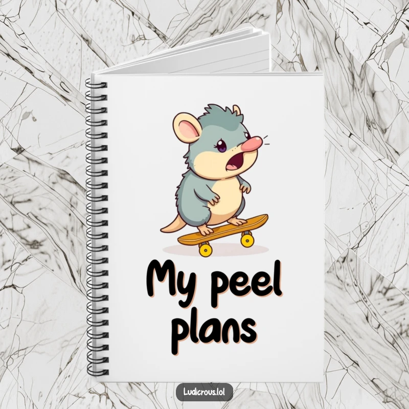 Funny platypus notebook with a surprised platypus character skateboarding on a banana peel, ideal for funny notes and ideas.