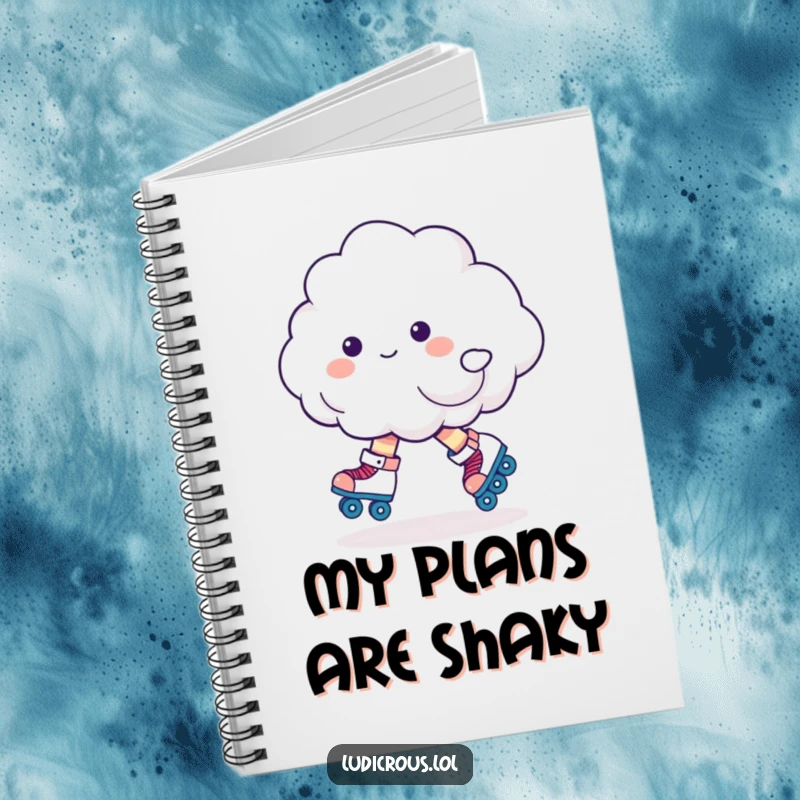 Funny cloud character wearing roller skates and wobbling, a humorous cover for a notebook encouraging creative and fun ideas.