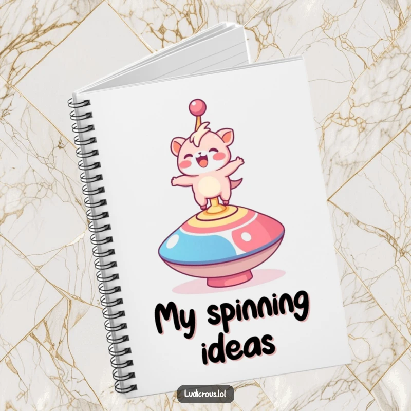 Funny notebook cover with a delighted creature comically balancing on a giant spinning top, encouraging creative thought.